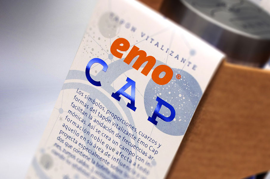 Close-up of eco-packaging label design for Emo Cap