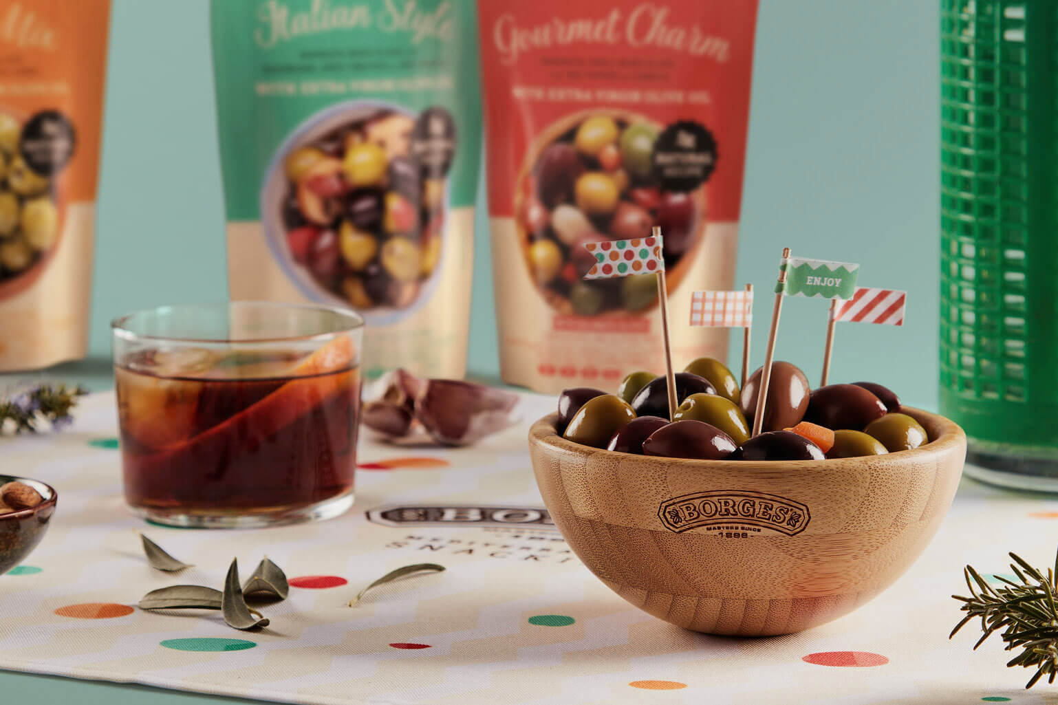 Close-up of selling kit content for Borges Mediterranean Snacking olives
