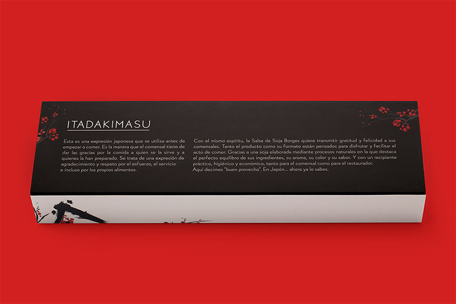 reverso del packaging con copywriting creativo para la campaña comercial itadakimasu de la soja Borges