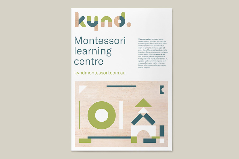 Cartel promocional con identidad gráfica de Kynd Montessori Learning Center
