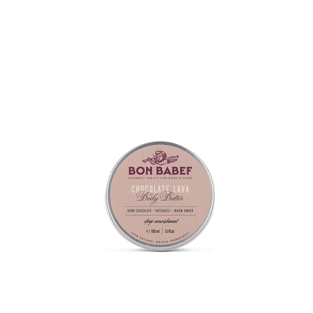 Bon babef: etiqueta crema corporal de xocolata, pàtxuli i ambre. Vibranding Packaging i Branding.